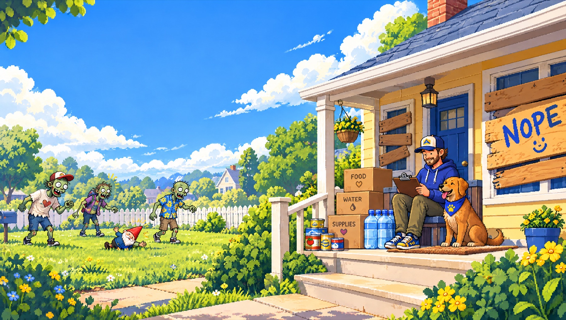 Pixel art of a man on his porch checking a supply checklist with his dog while cartoon zombies trip over a garden gnome